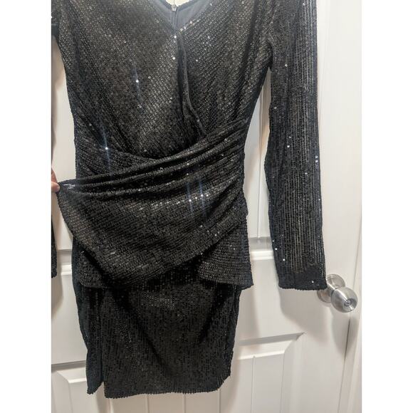 NEW! CBR SEQUIN BLACK DRAPPED MID DRESS V NECK LONG SLEEVE PARTY DRESS SIZE S - Picture 4 of 11